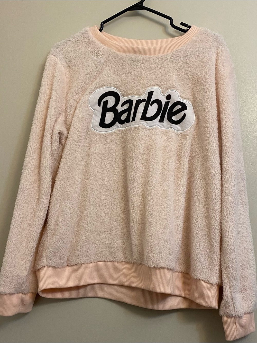Barbie Plush Crewneck Sweater in Pale Pink with Black Logo